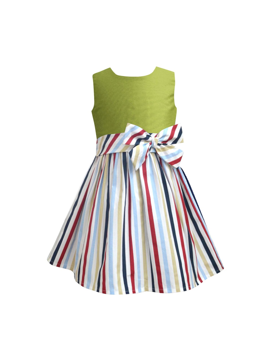 

A T U N Lime Green & White Striped A-Line Dress