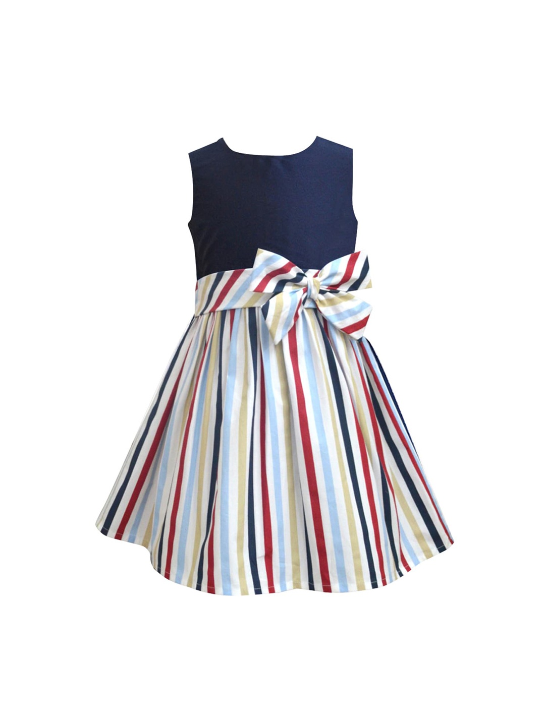 

A T U N Navy Blue & Multicoloured Striped A-Line Dress