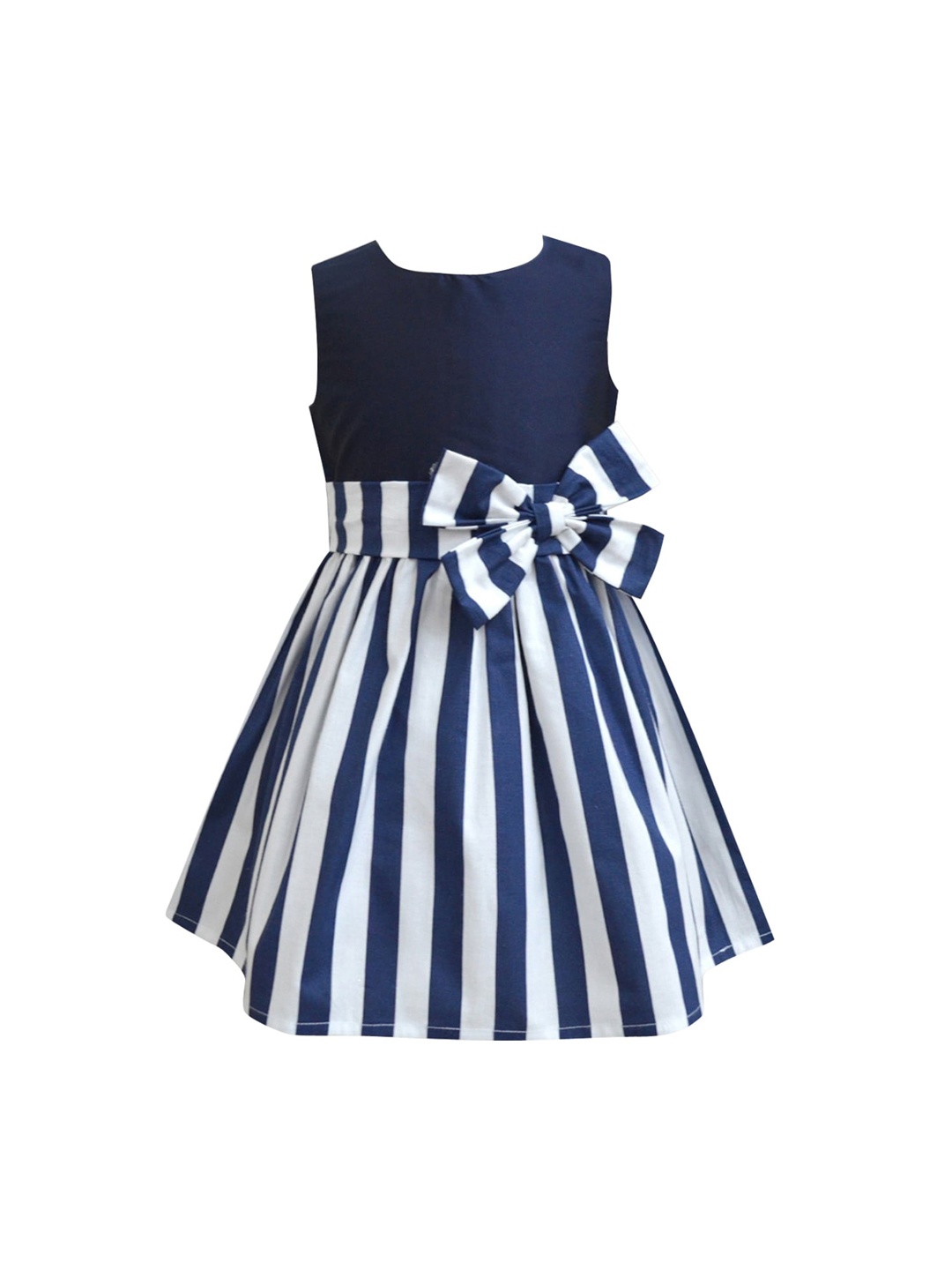 A T U N Navy Blue & Off White Striped Dress