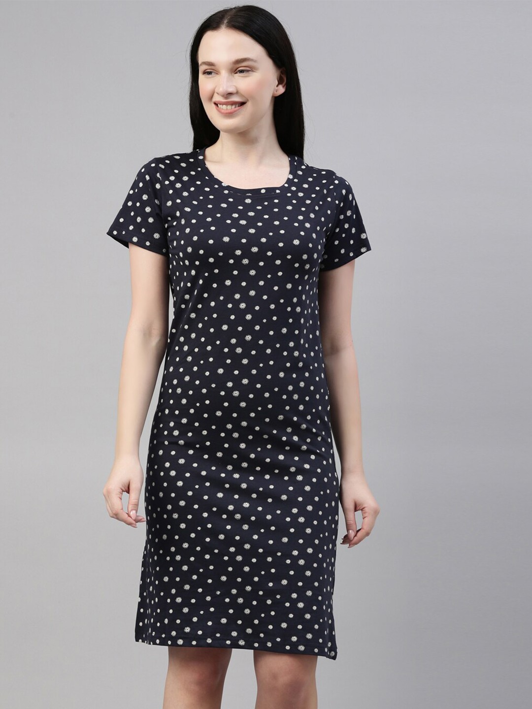 

Kryptic Women Navy Blue & White Printed Pure Cotton T-Shirt Nightdress
