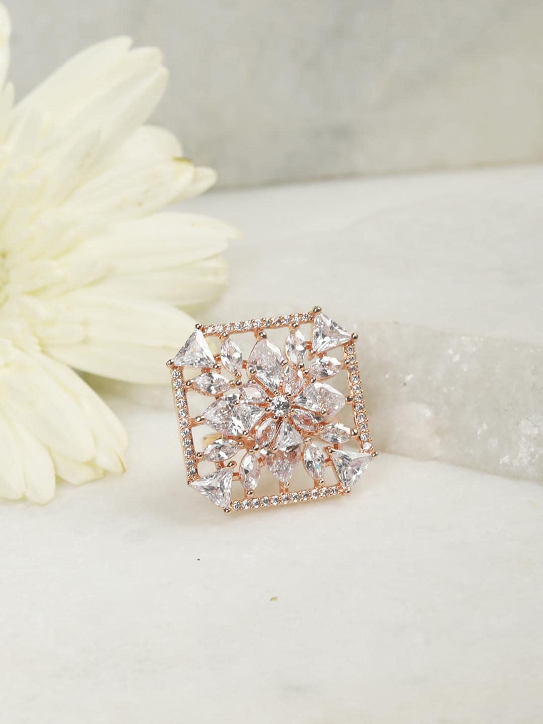 

Priyaasi Rose-Gold-Plated White American Diamond-Studded Handcrafted Square Finger Ring