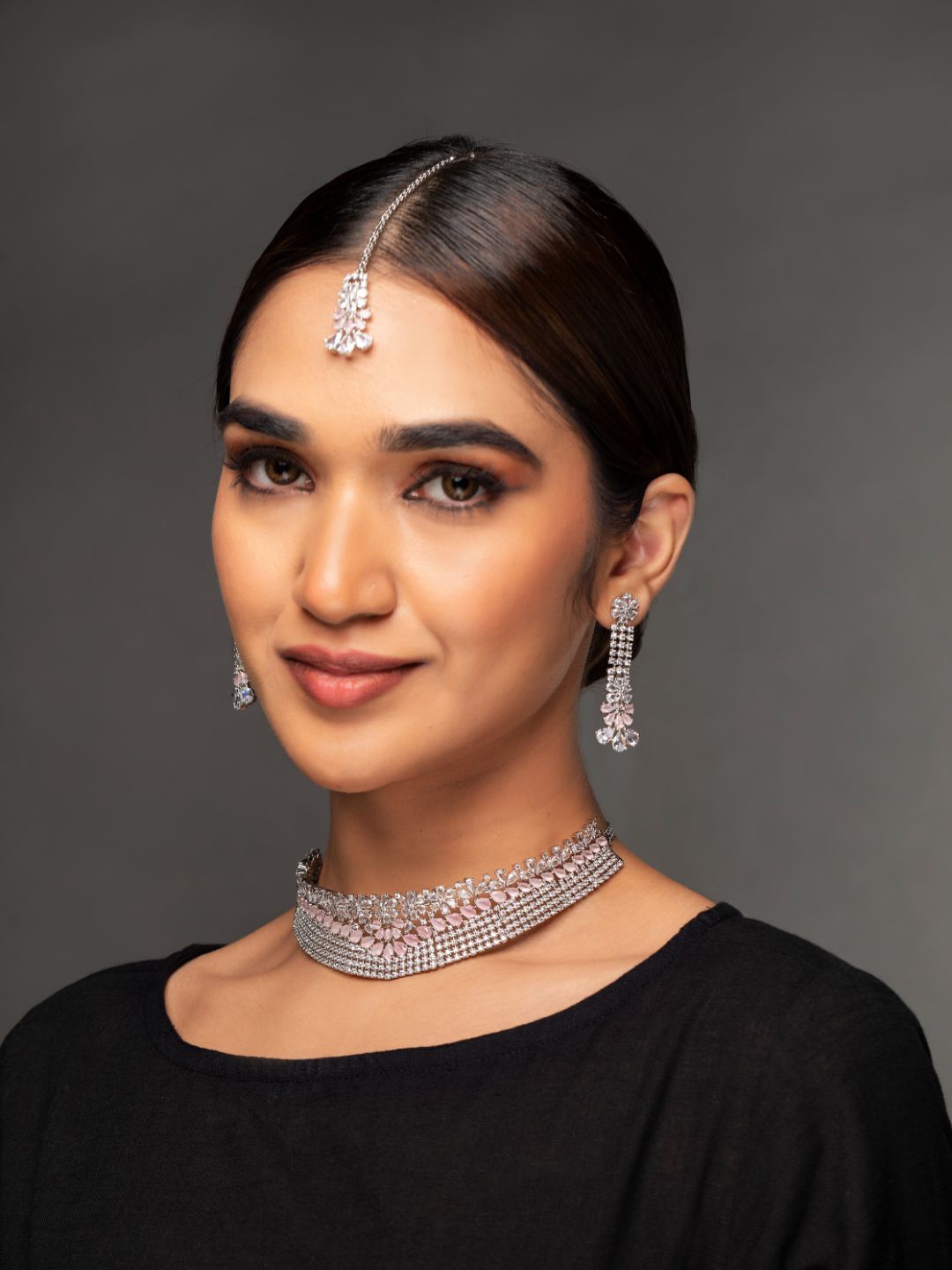 

Priyaasi Silver-Plated White & Pink AD-Studded Handcrafted Jewellery Set