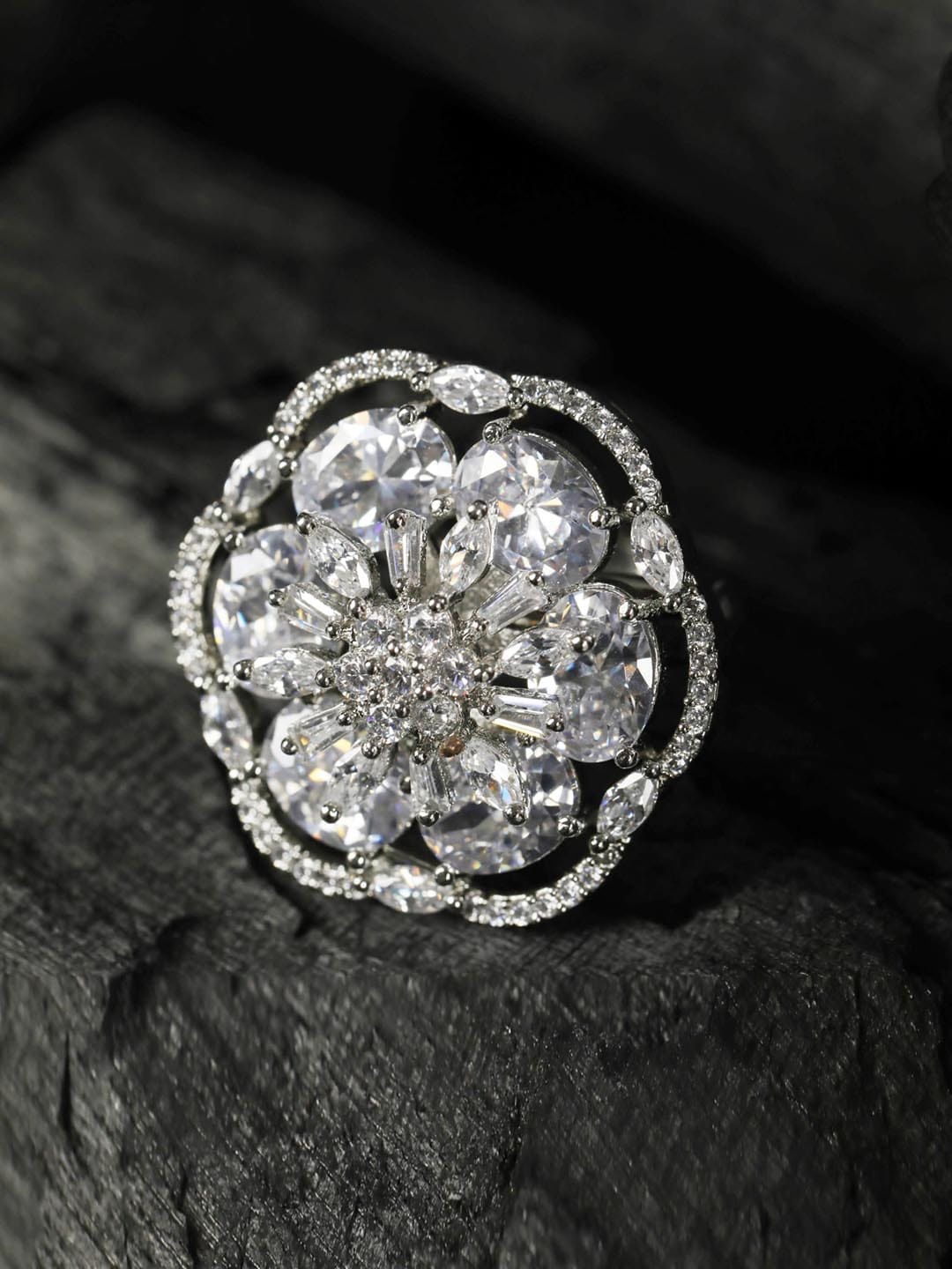 

Priyaasi Silver-Plated White AD Studded Finger Ring