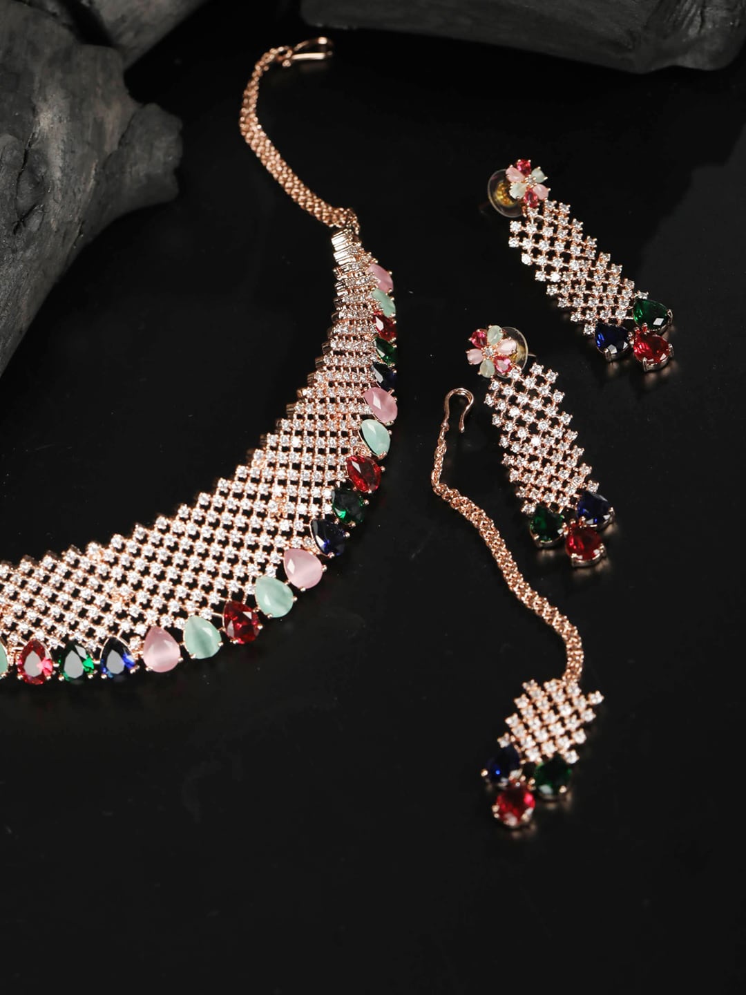 

Priyaasi Rose Gold-Plated White & Pink AD-Studded Handcrafted Jewellery Set