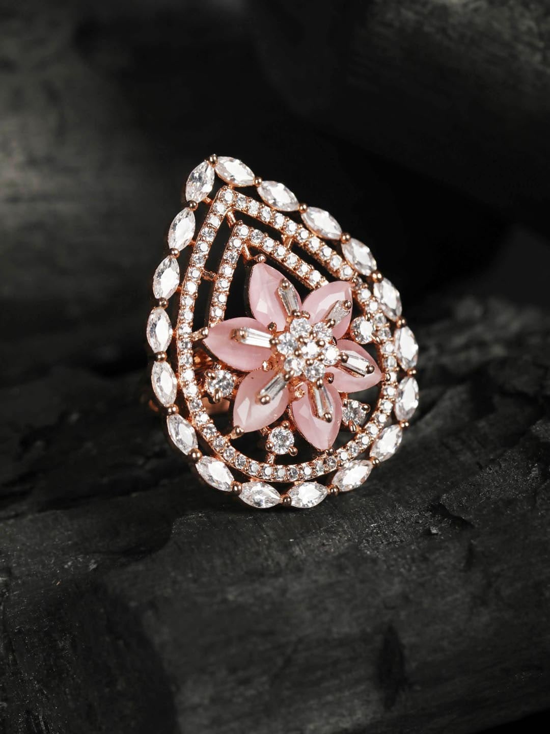 

Priyaasi Rose Gold-Plated AD Studded Handcrafted Adjustable Finger Ring