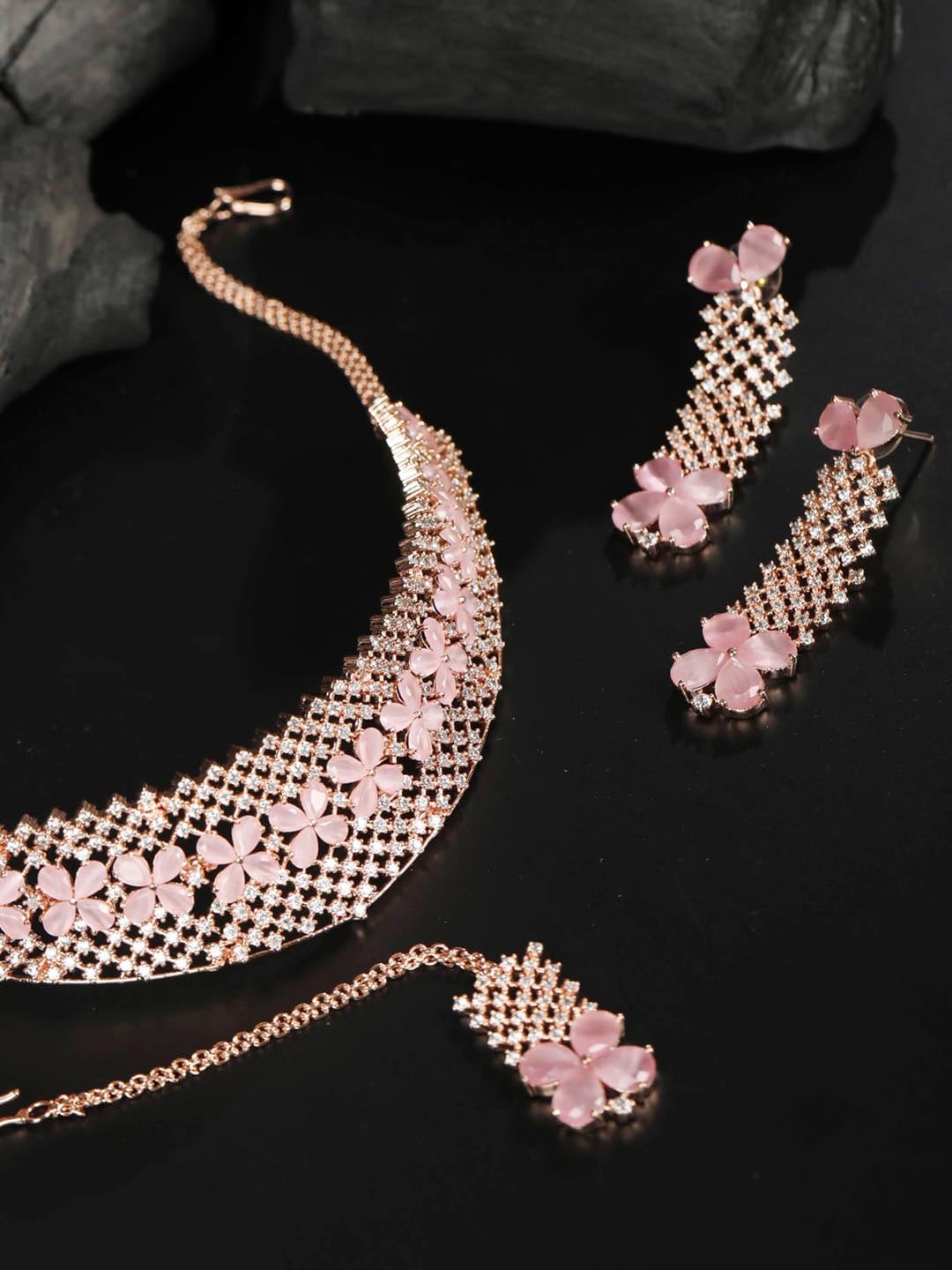 

Priyaasi Rose Gold Plated Pink American Diamond Studded Jewellery Set