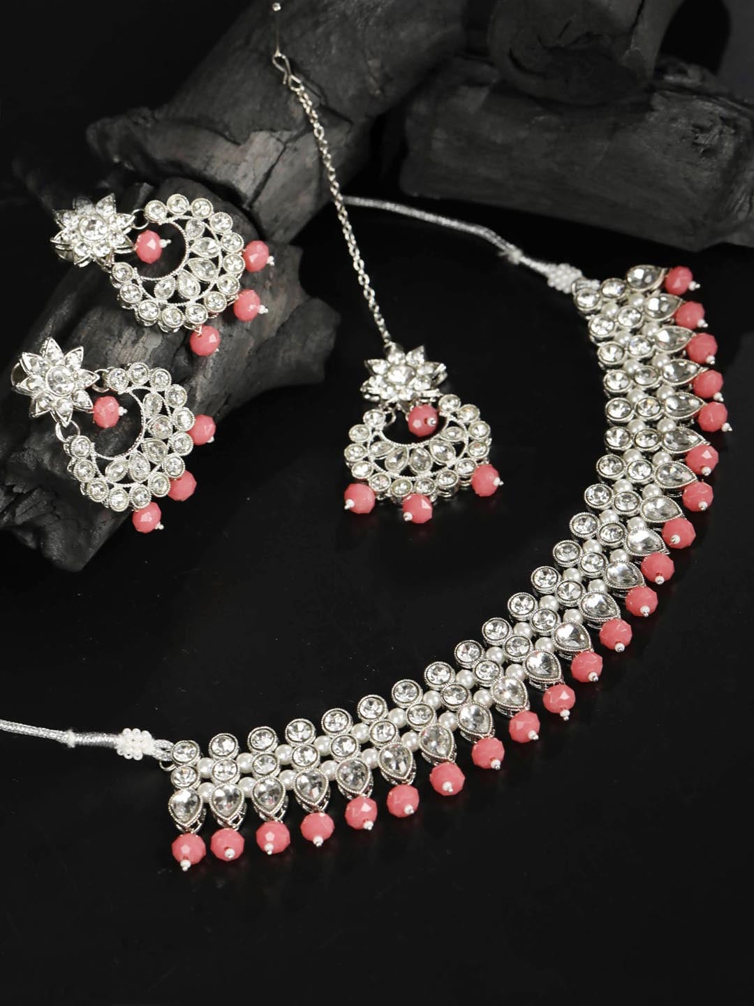 

Priyaasi Woman Orange Kundan Silver Plated Jewellery Set with MaangTikka