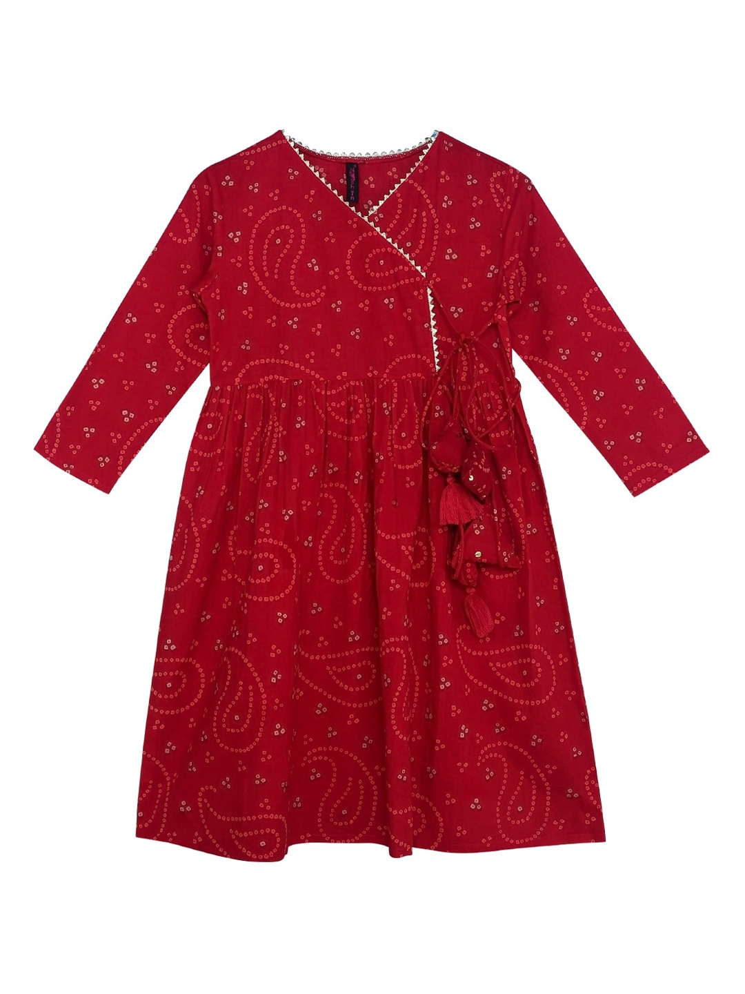 

Ishin Red Bandhani Print Angrakha Empire Style Cotton Dress