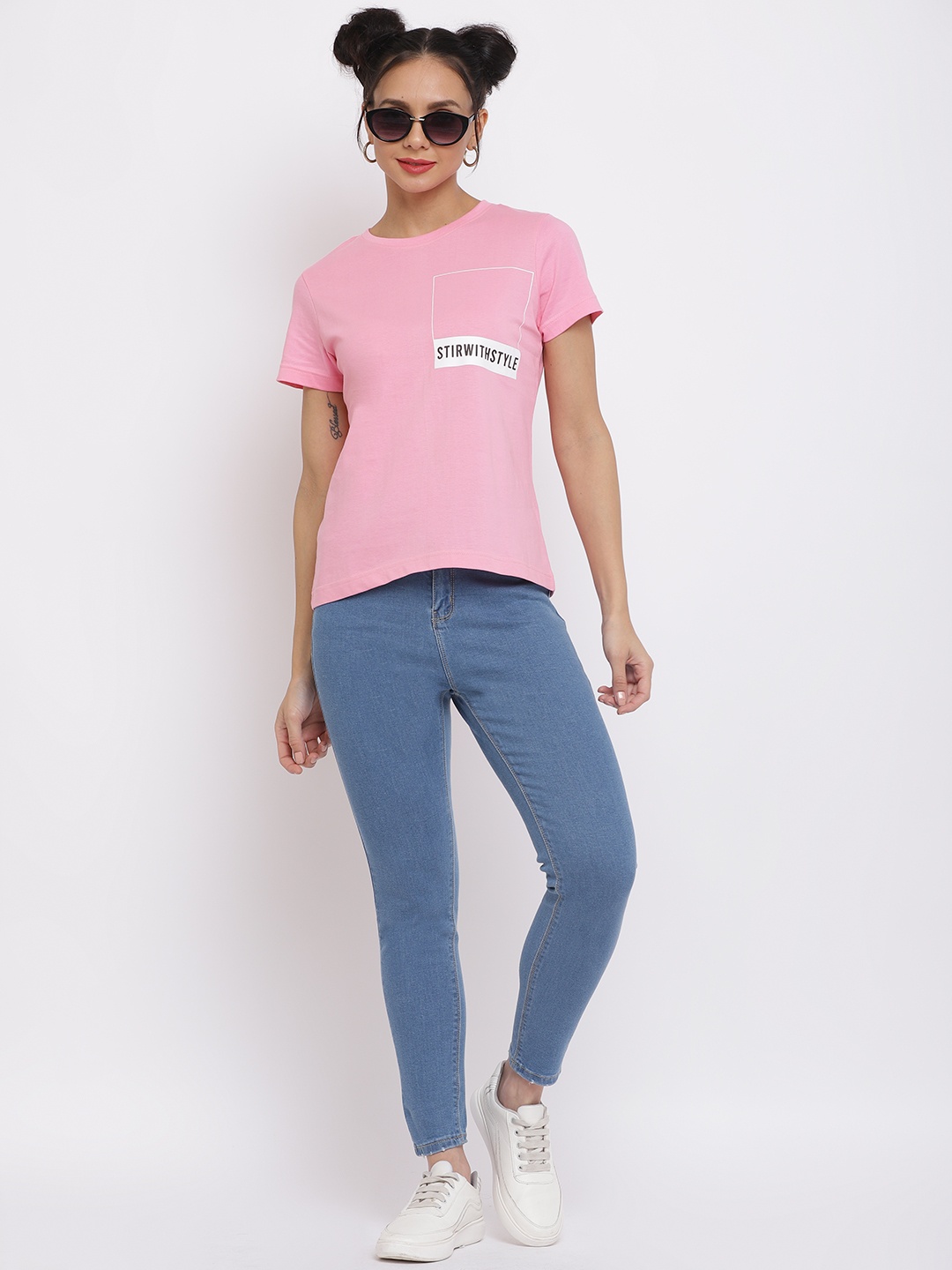 Belliskey Women Pink & White Typography Printed T-shirt