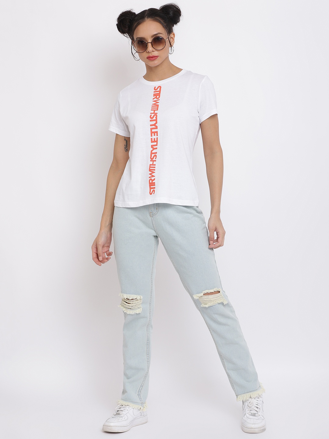

Belliskey Women White & Orange Typography Printed T-shirt