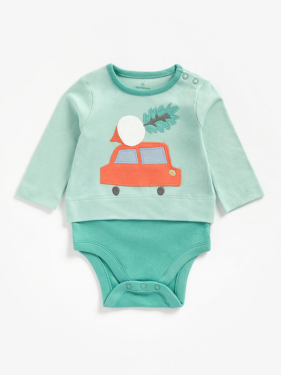 

mothercare Boys Green Full Sleeves Car Patchwork Mock Bodysuit