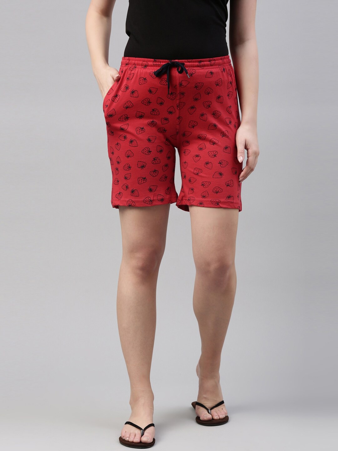 

Kryptic Women Red & Navy Blue Pure Cotton Printed Lounge Shorts