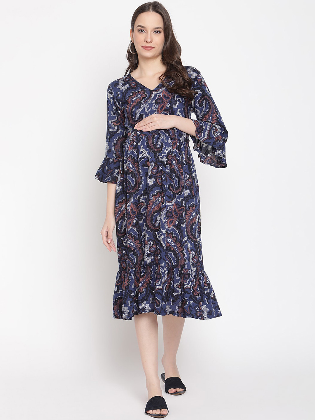 

The Vanca Blue Printed Maternity Nursing Midi Dress