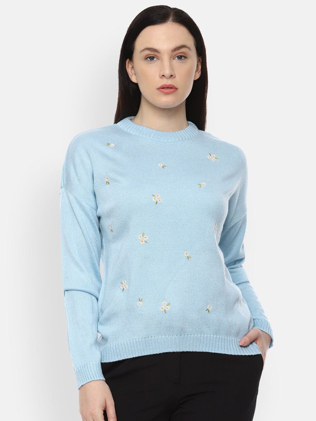 

Van Heusen Woman Women Blue & White Embroidered Pullover Sweater