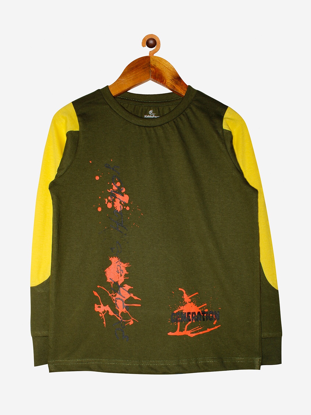 

KiddoPanti Boys Olive Green & Yellow Printed Cotton T-shirt