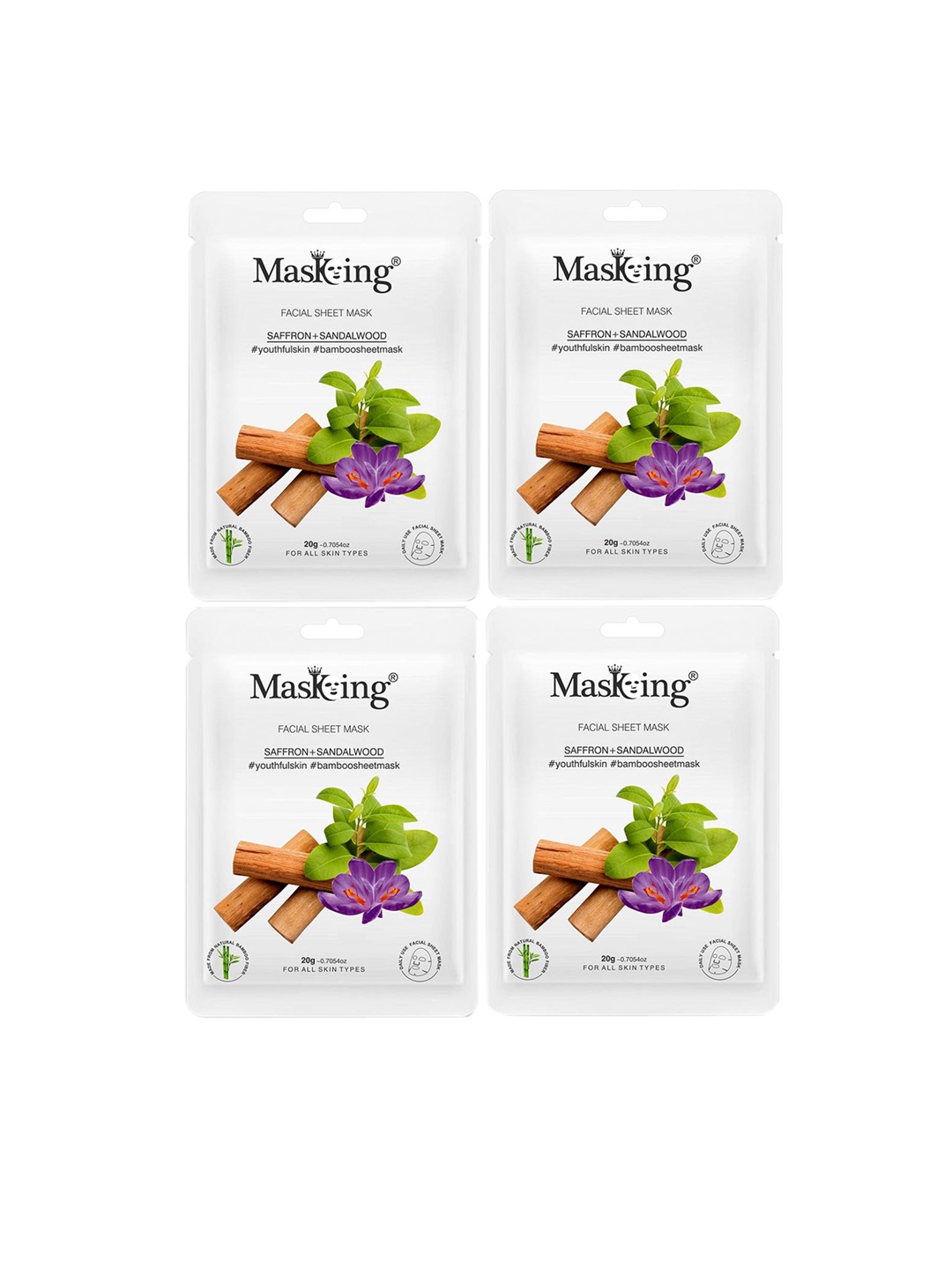 

MasKing Unisex Pack Of 4 Saffron & Sandalwood Bamboo Facial Sheet Masks - 80 ml, Violet