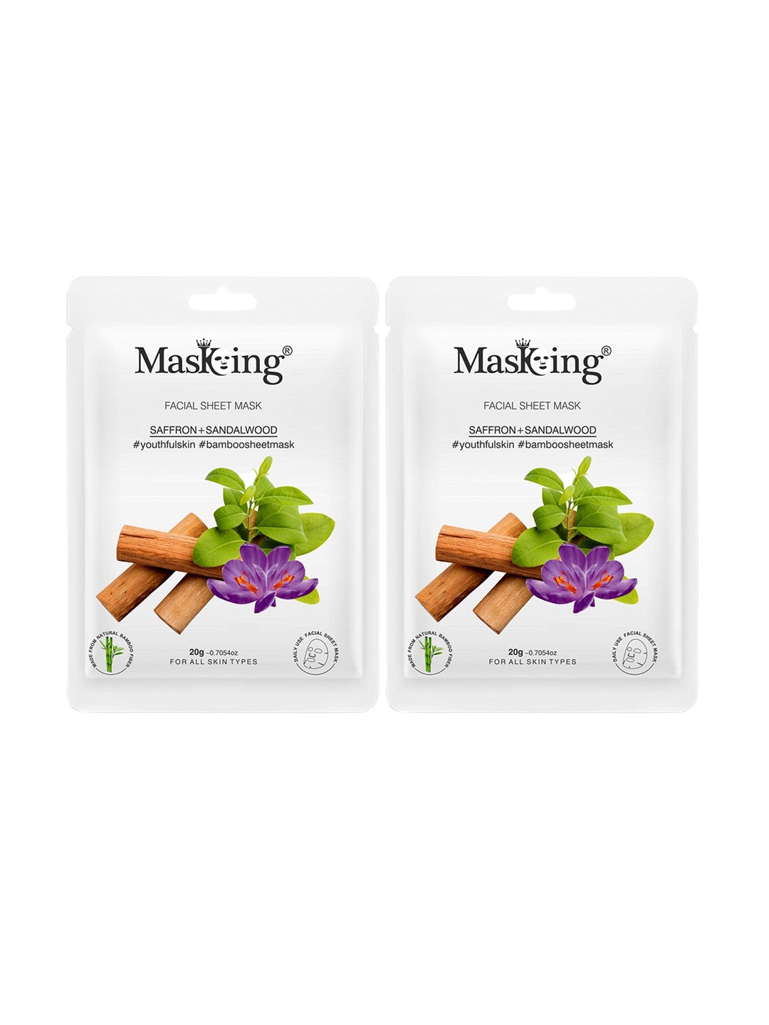 

MasKing Unisex Pack of 2 Bamboo Facial Sheet Mask of Saffron & Sandalwood Ideal, Violet