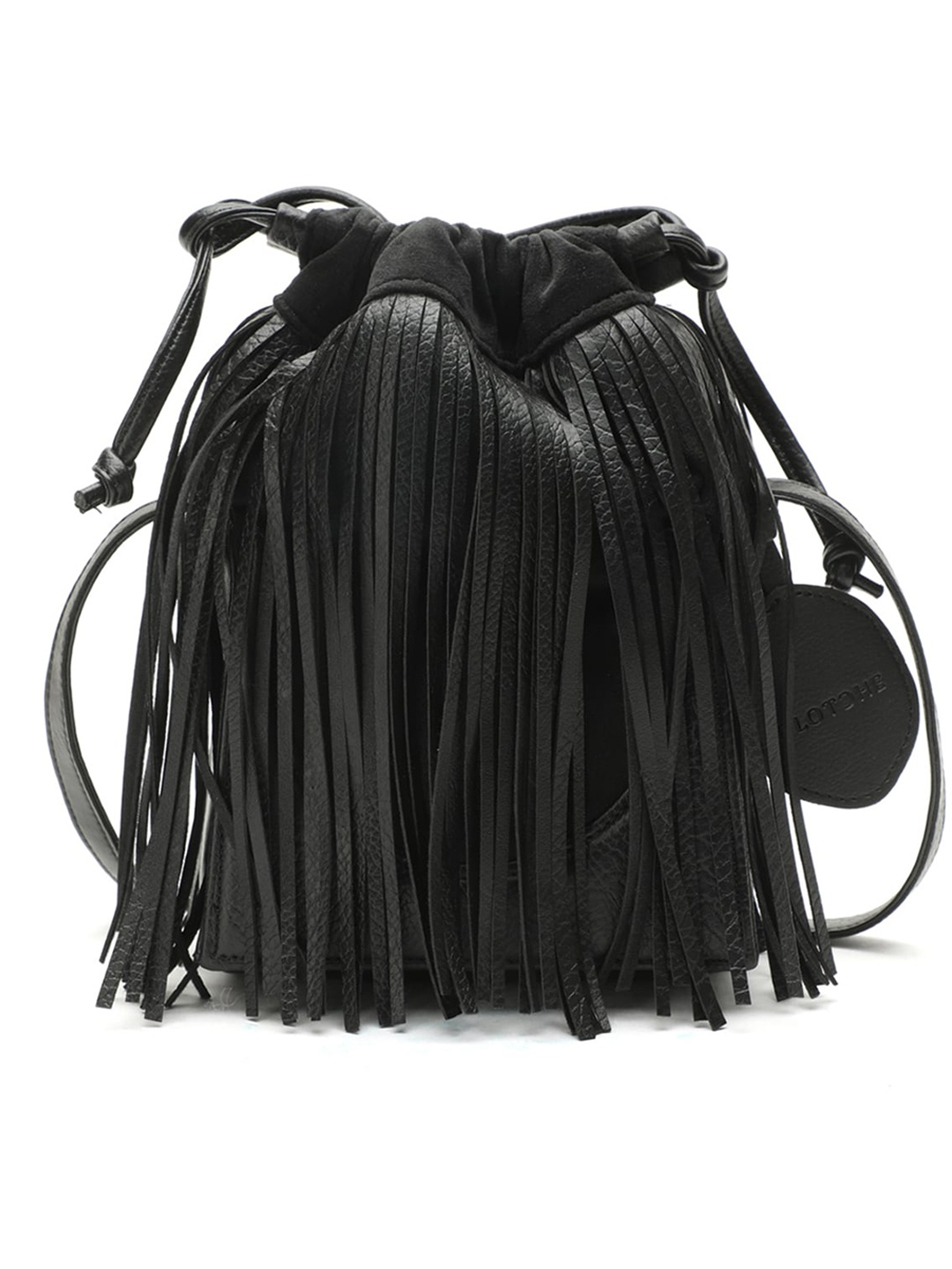 

Clotche Black PU Bucket Sling Bag with Fringed