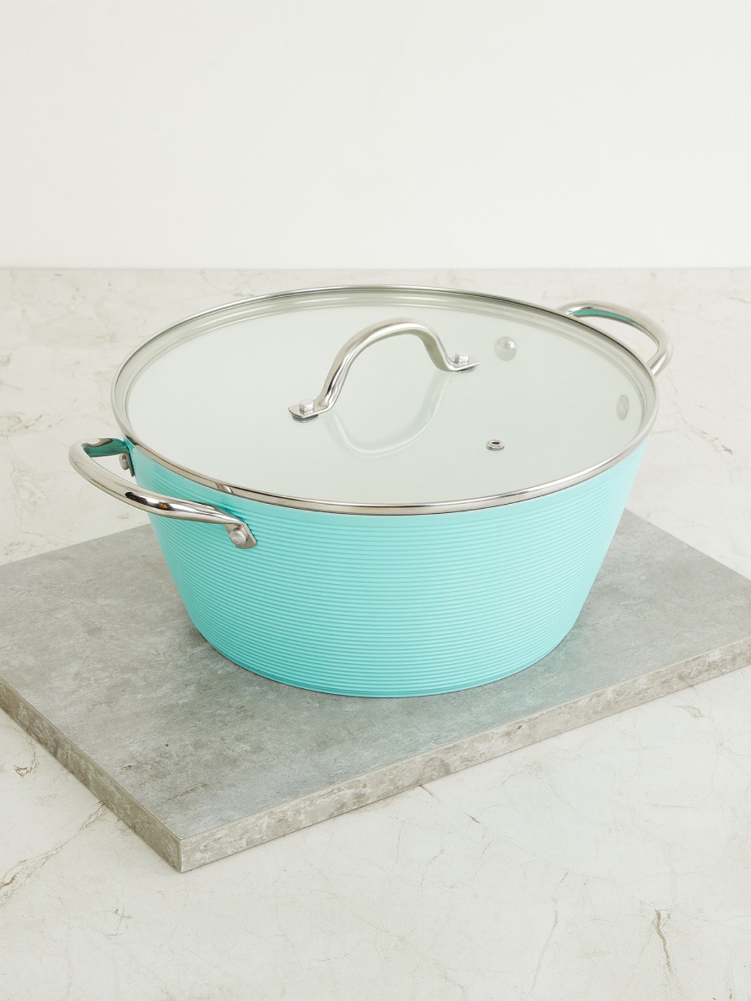

Home Centre Turquoise Blue Solid Aluminum Casserole with Glass Lid
