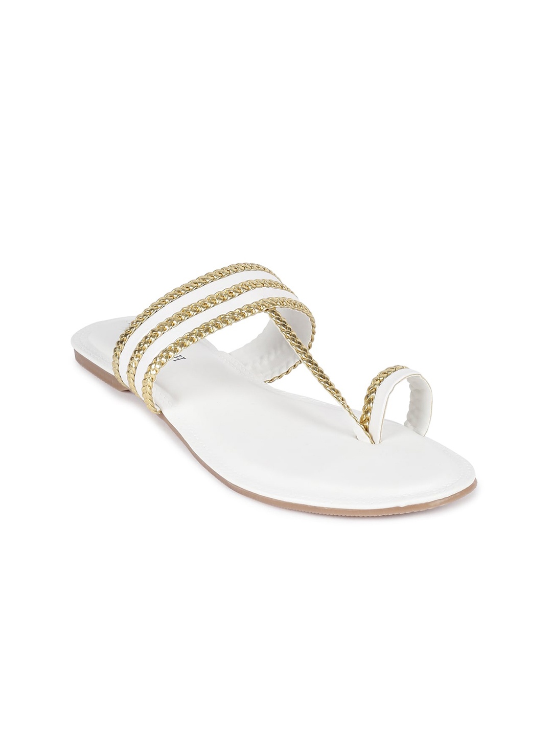 

Vishudh Women White & Gold-Toned Embellished One Toe Flats