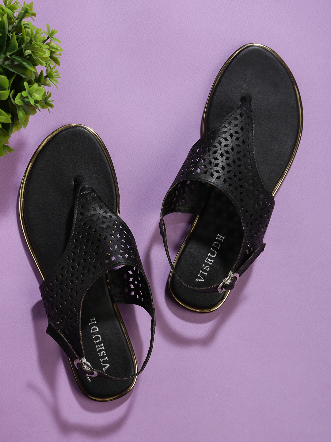 

Vishudh Women Black Open Toe Flats with Laser Cuts