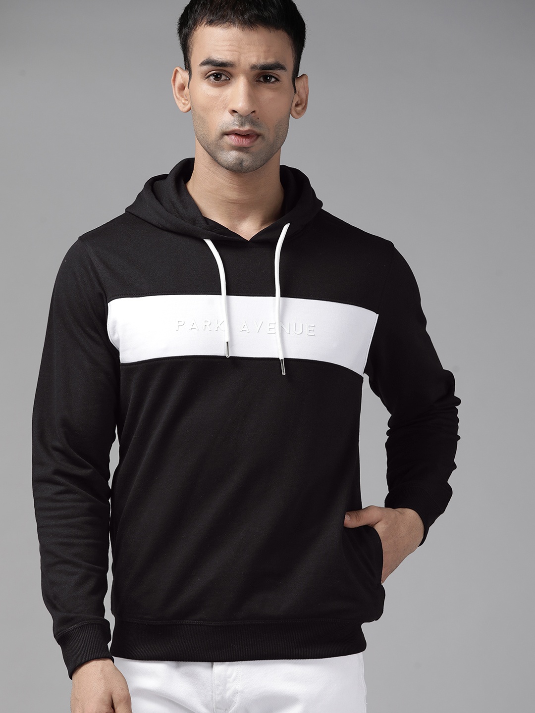 

Park Avenue Men Black & White Striped Hooded Sweatshirt