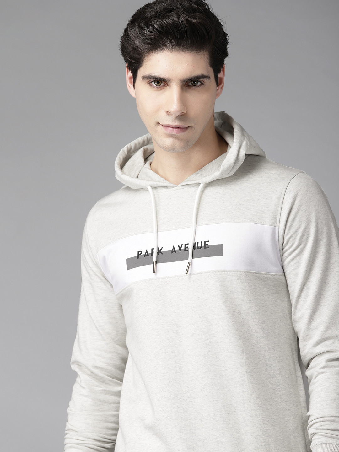 

Park Avenue Men Off White Melange Effect Brand Logo Printed Hooded Sweatshirt