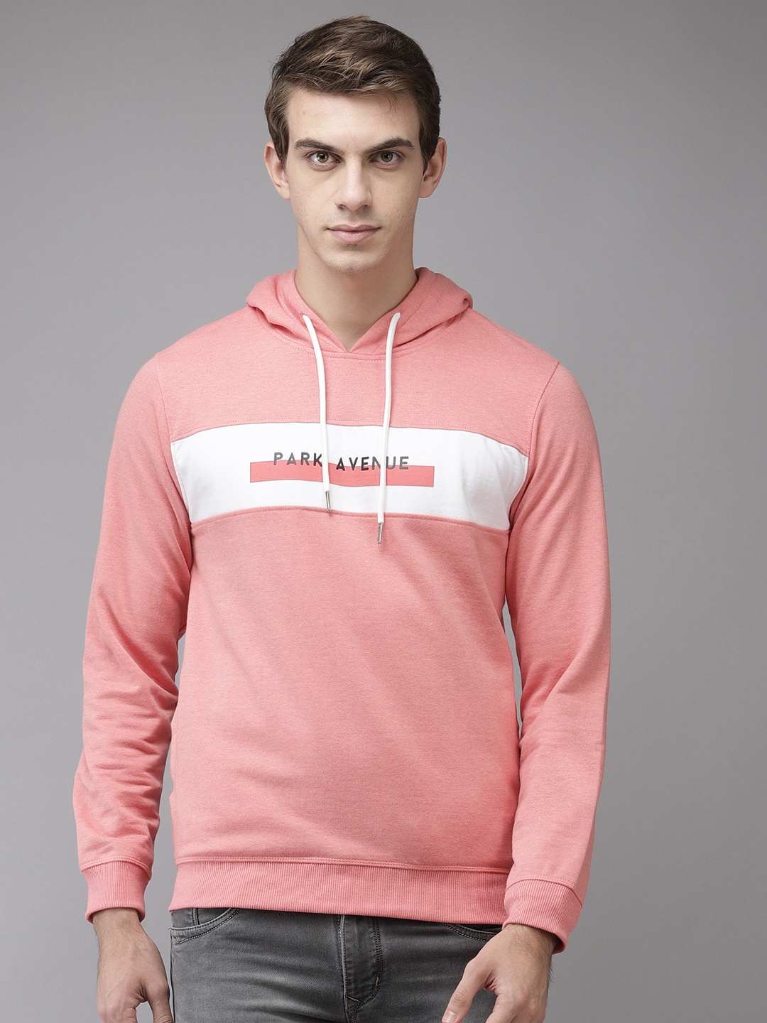 

Park Avenue Men Peach-Coloured & White Printed Hooded Sweatshirt