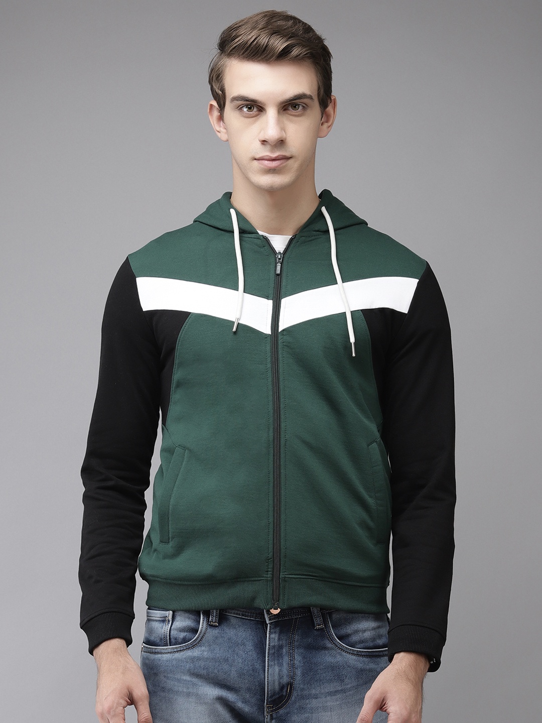 

Park Avenue Men Green & White Colourblocked Hooded Sweatshirt