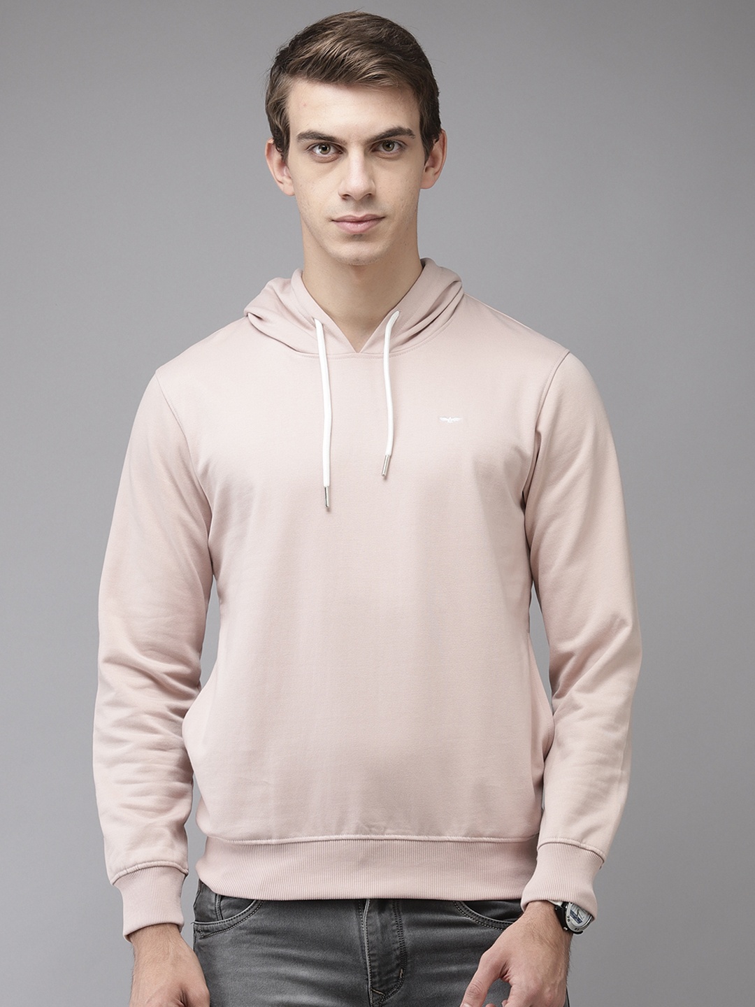 

Park Avenue Men Dusty Pink Solid Hooded Sweatshirt
