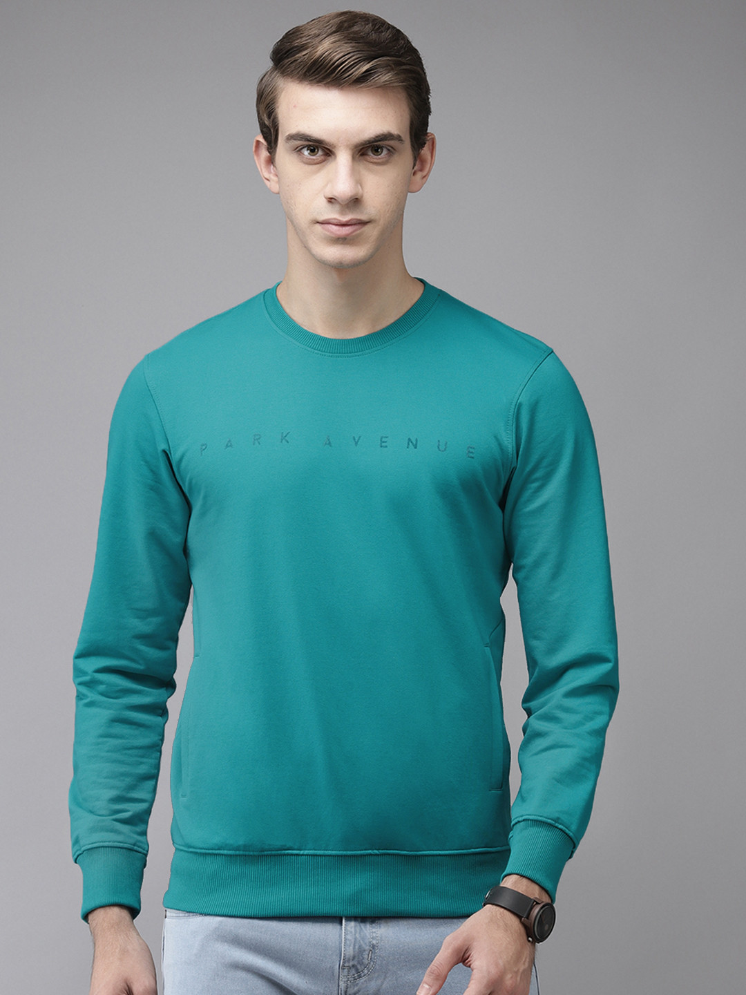 

Park Avenue Men Teal Green Brand Logo Printed Sweatshirt