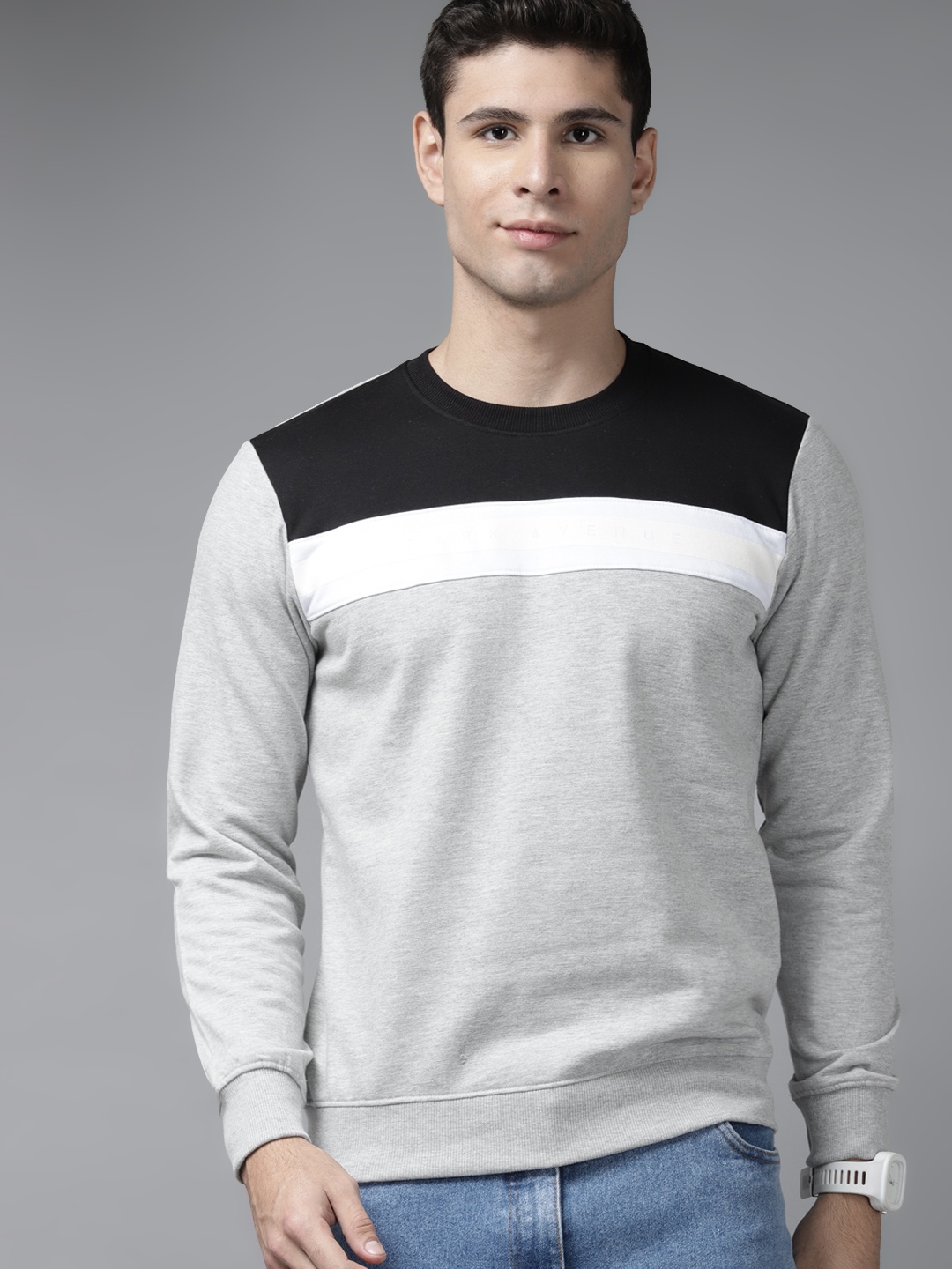 

Park Avenue Men Grey Melange & Black Colourblocked Sweatshirt