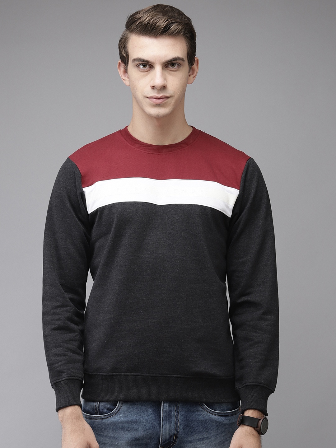

Park Avenue Men Charcoal Grey & Maroon Colourblocked Sweatshirt