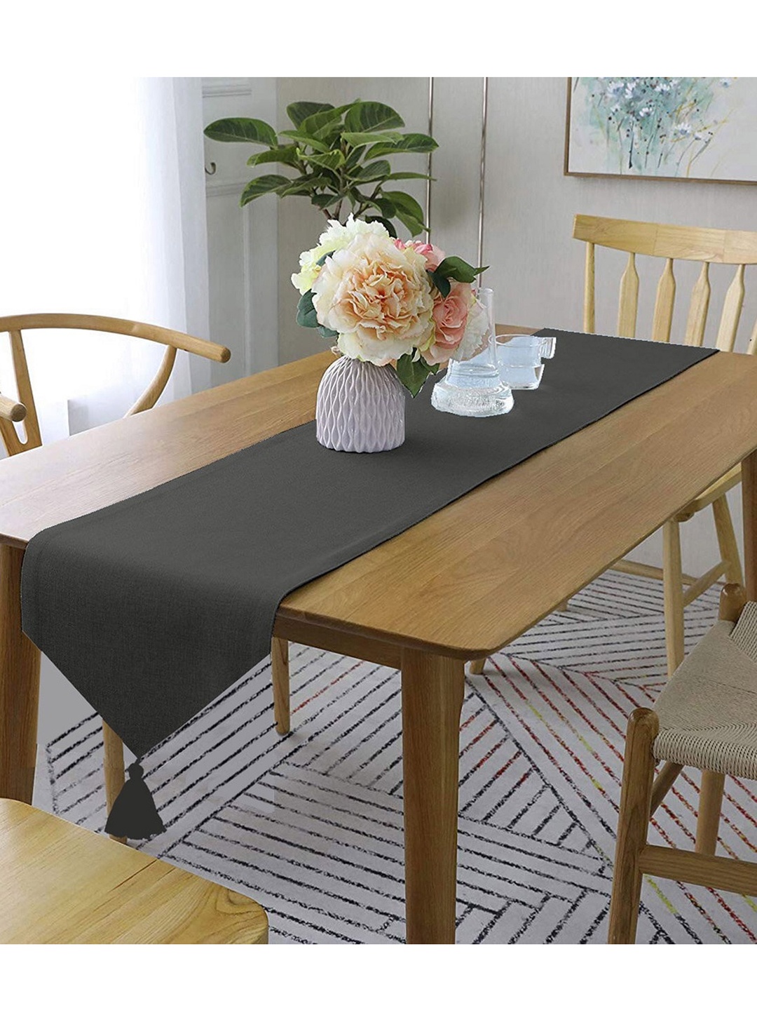 

Lushomes Grey Solid Pure Cotton Dining Table Runner with Tassel