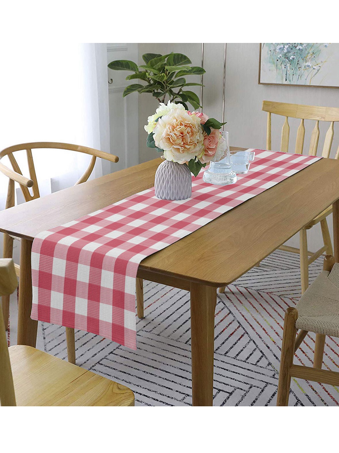 

Lushomes Pink & White Checked Pure Cotton Table Runner