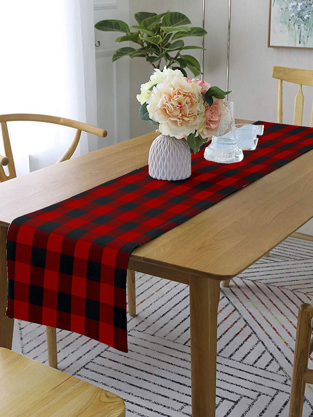 

Lushomes Red & Black Checked Pure Cotton Table Runner