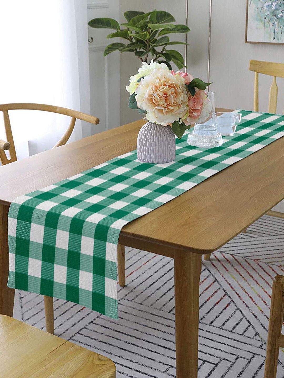 

Lushomes Green & White Checked Pure Cotton Table Runner