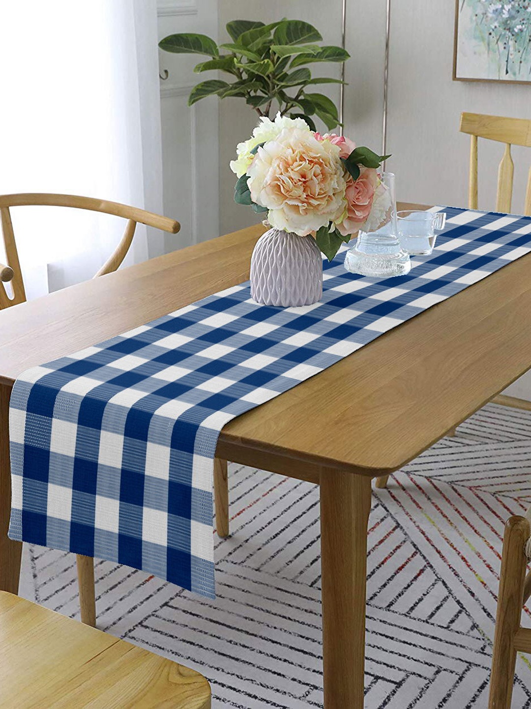 

Lushomes Blue & White Checked Pure Cotton Runner