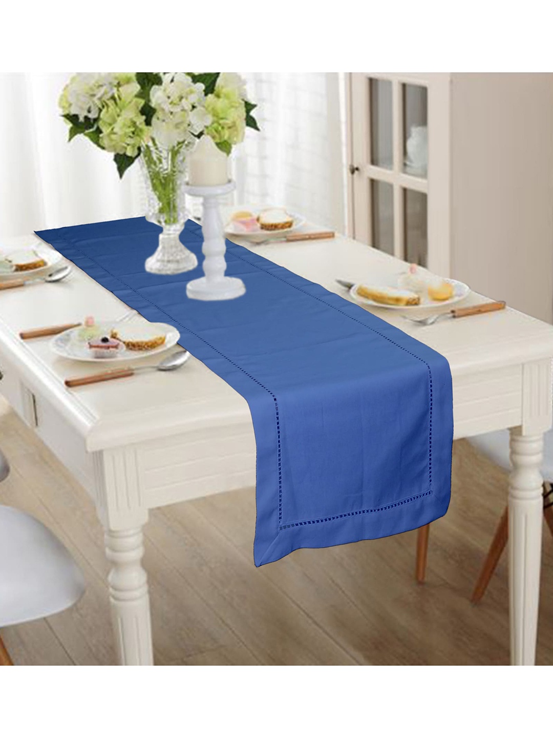 Lushomes Blue Solid Cotton Table Runner with Ladder Lace (Size 30 x 180 cms)