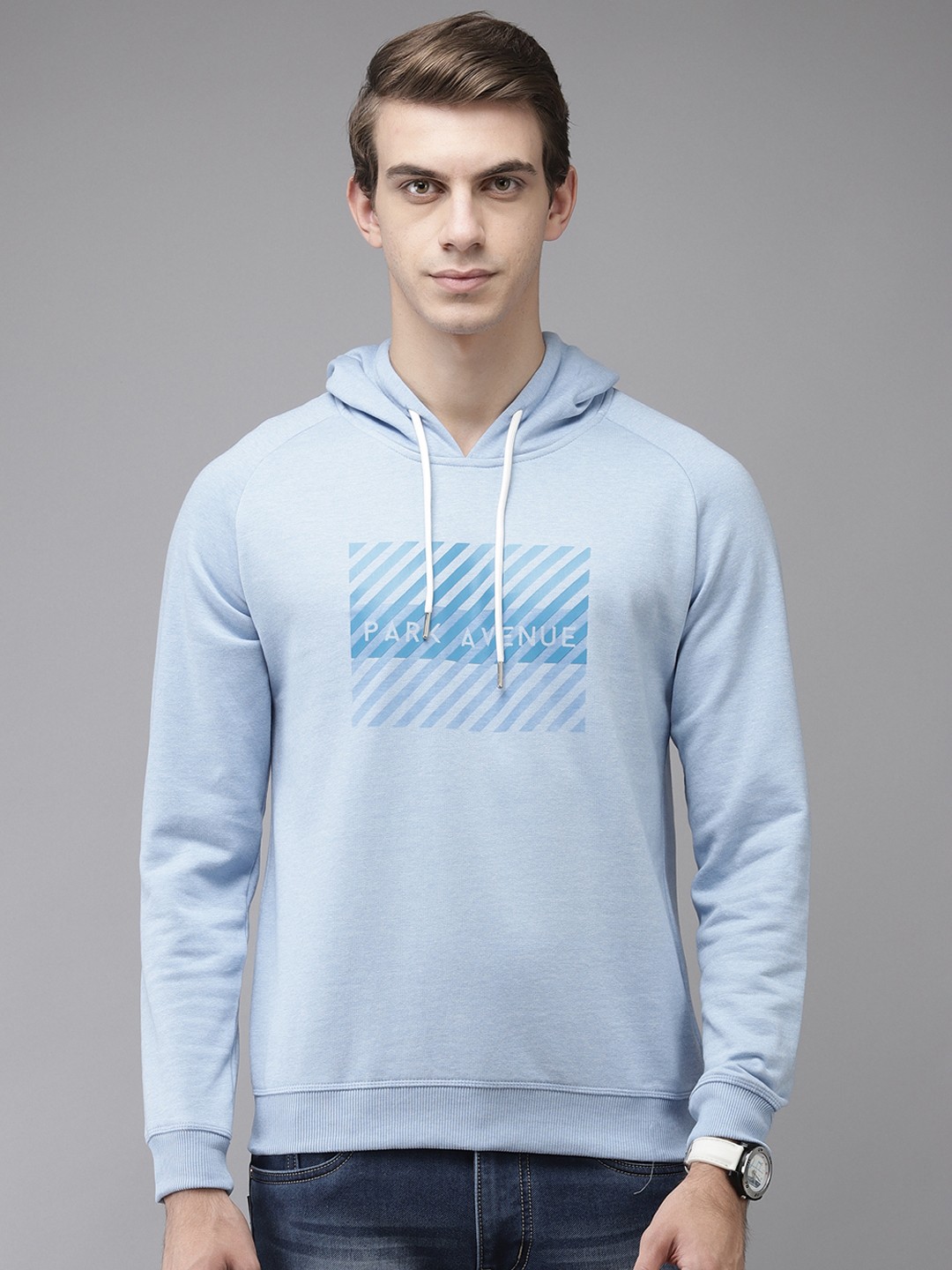 

Park Avenue Men Blue Printed Hooded Sweatshirt