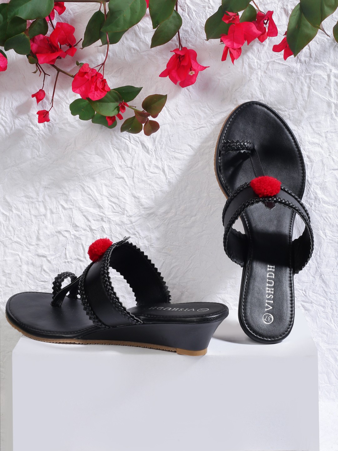 

Vishudh Woman Black & Red Pom-Pom Detail Open Toe Wedges