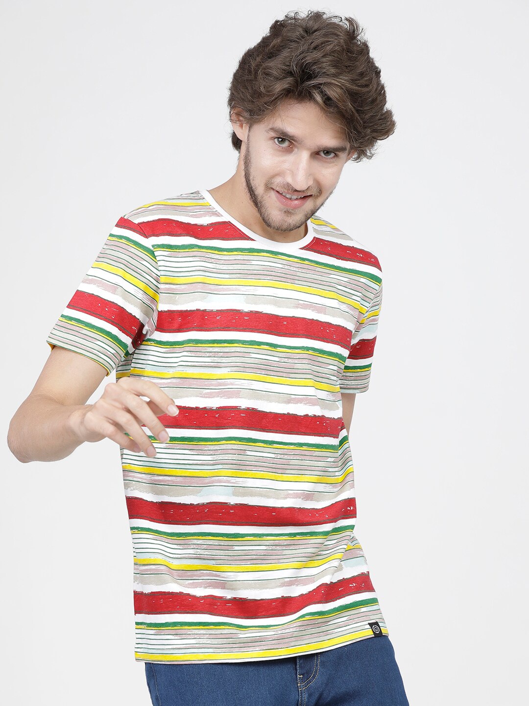 

LOCOMOTIVE Men Red Striped Pockets Slim Fit T-shirt