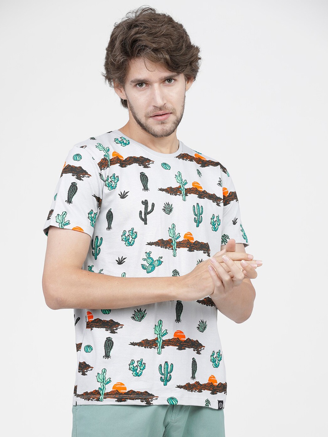 

LOCOMOTIVE Men Grey Printed Tropical Slim Fit T-shirt