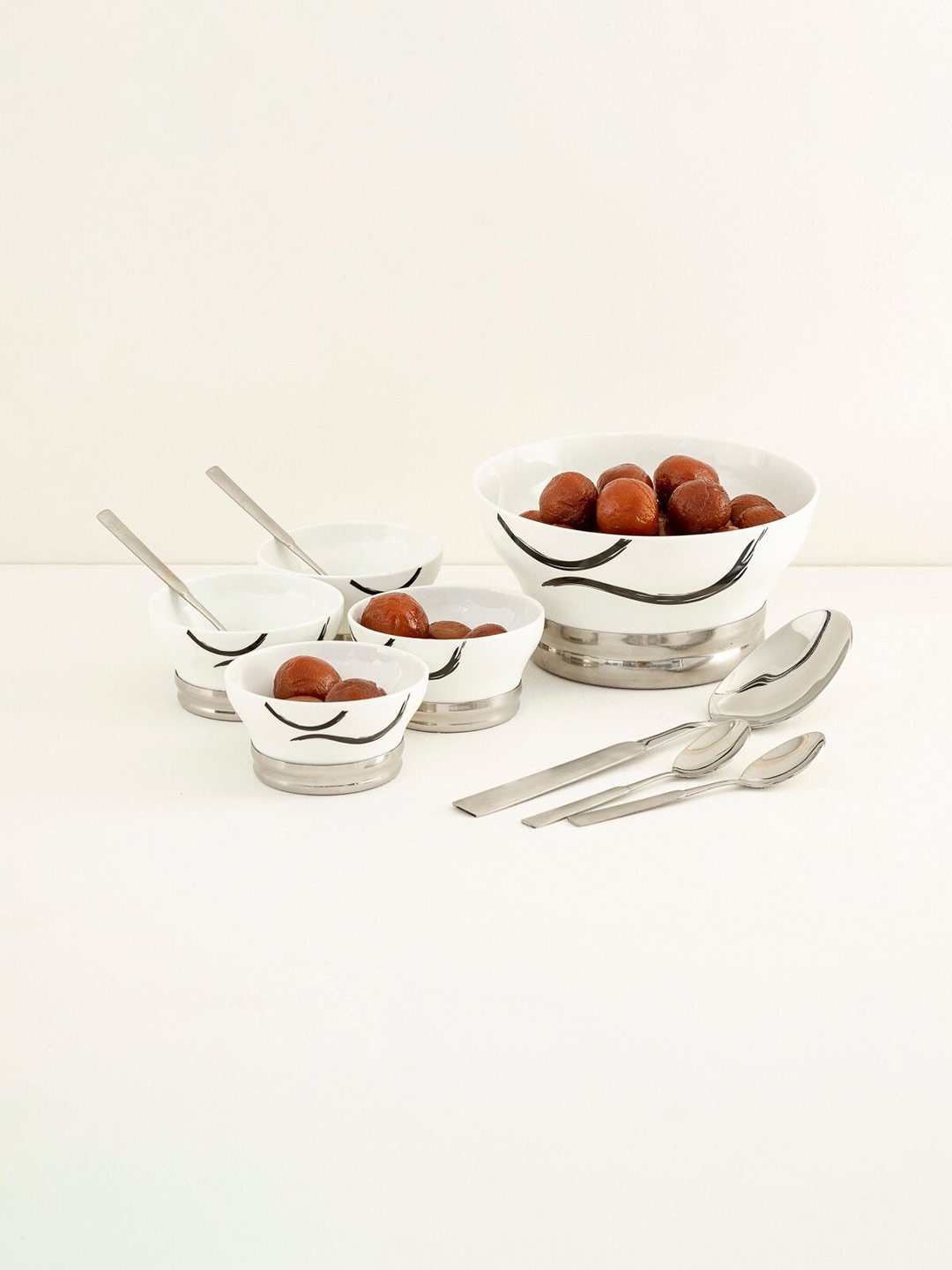 

Home Centre White & Black 10 Pieces Printed Ceramic Glossy Bowls With Spoon Set