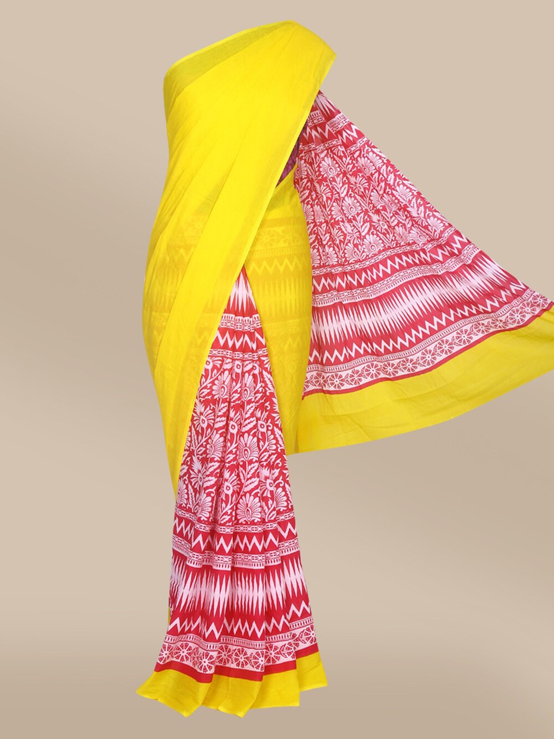 

The Chennai Silks Pink & Yellow Floral Pure Cotton Fusion Saree