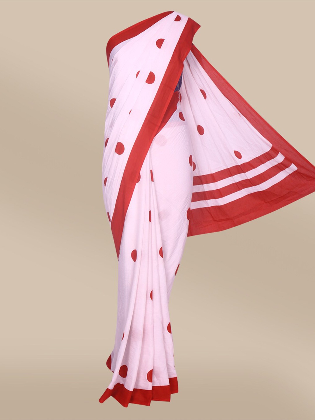 

The Chennai Silks Off White & Red Polka Dots Printed Pure Cotton Fusion Saree