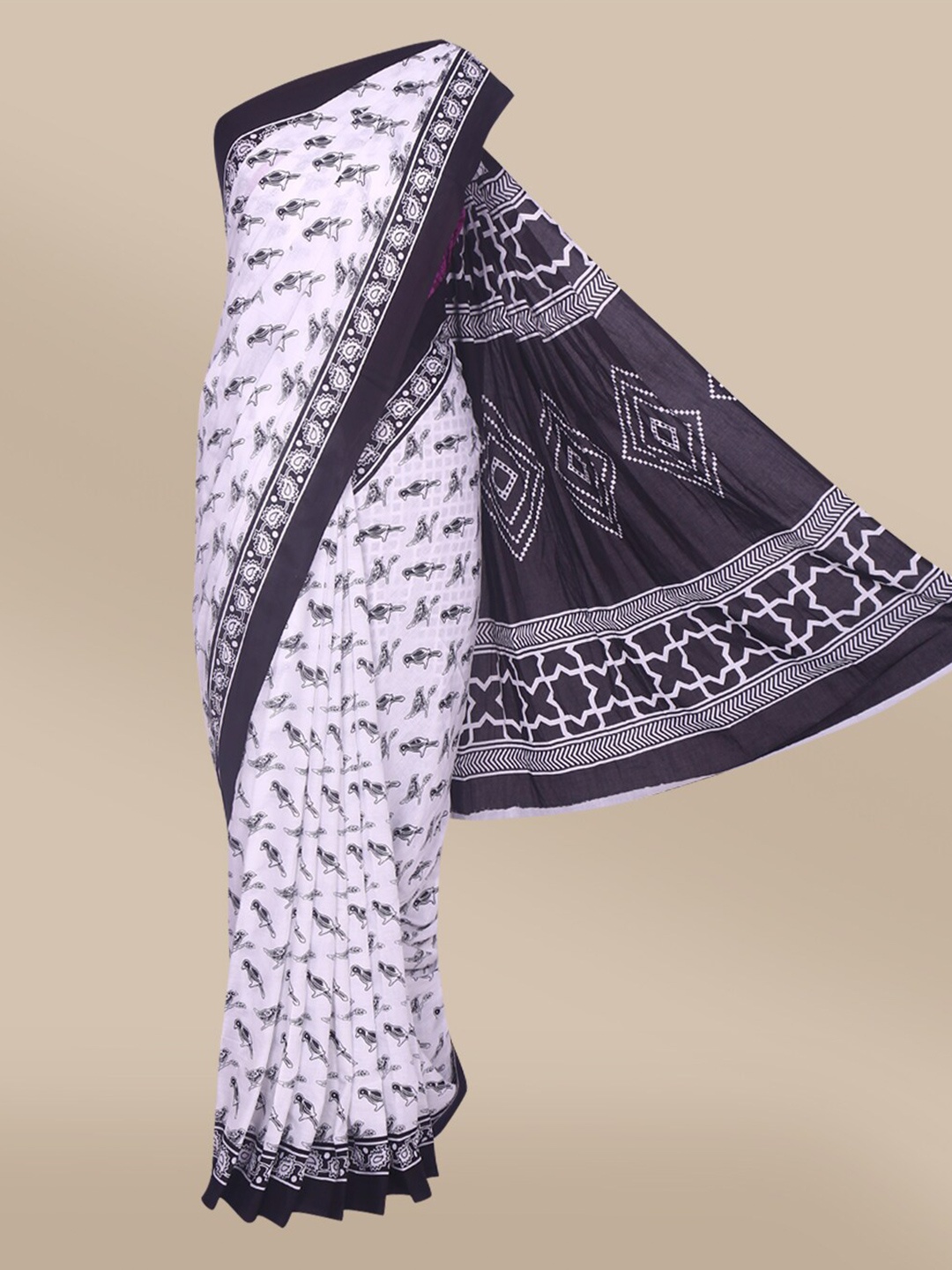 

The Chennai Silks Off White & Navy Blue Ethnic Motifs Pure Malmal Cotton Saree