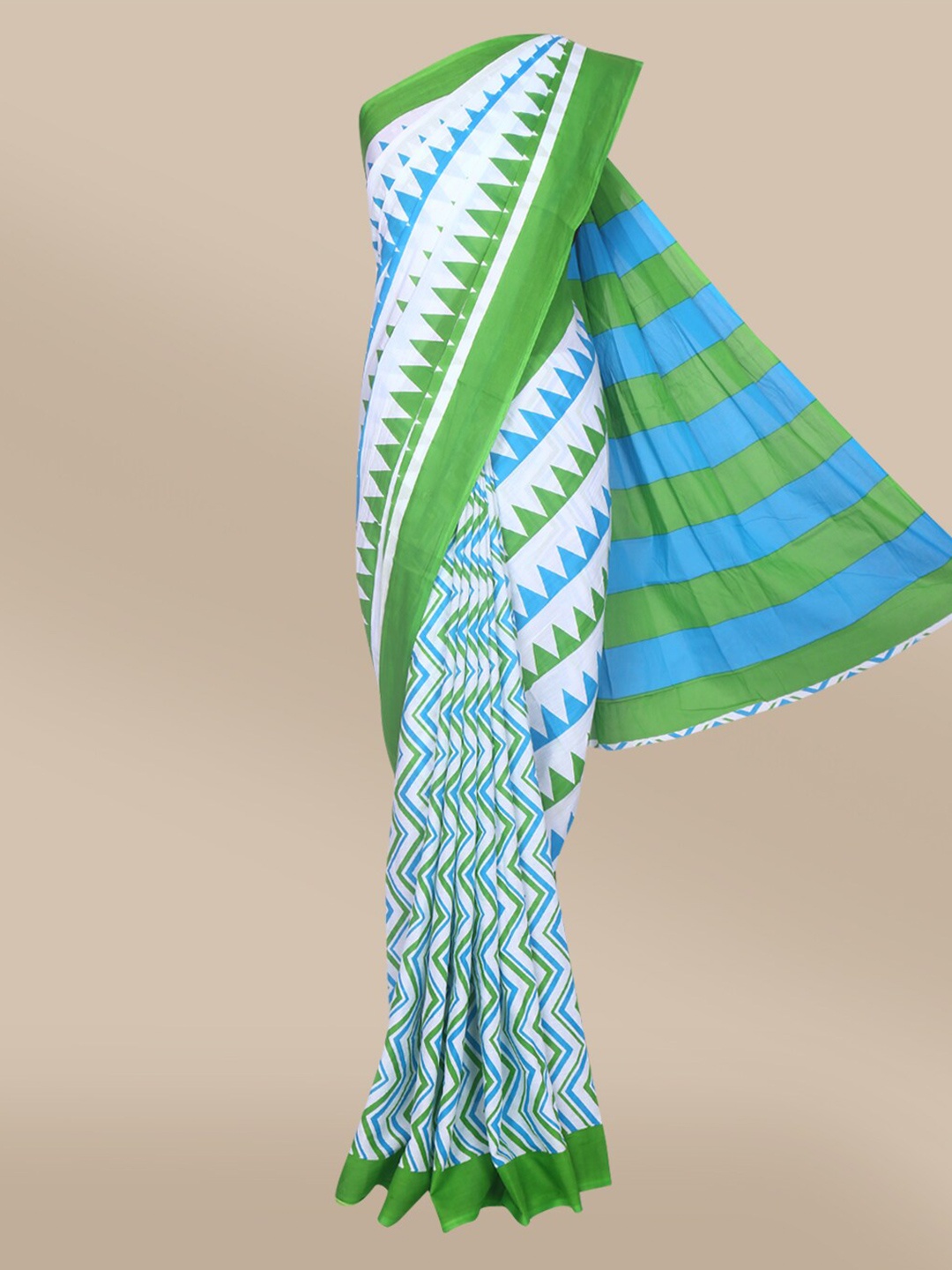 

The Chennai Silks Green & Blue Batik Printed Pure Mulmal Cotton Saree