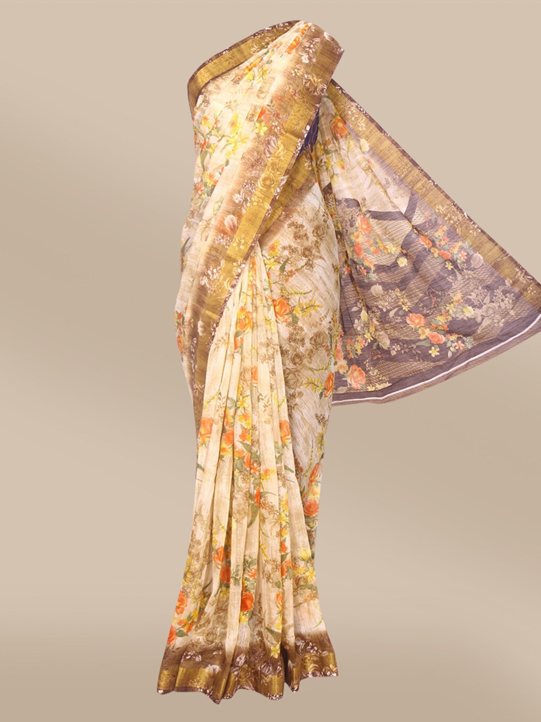 

The Chennai Silks Beige & Orange Floral Polyester Bhagalpuri Saree