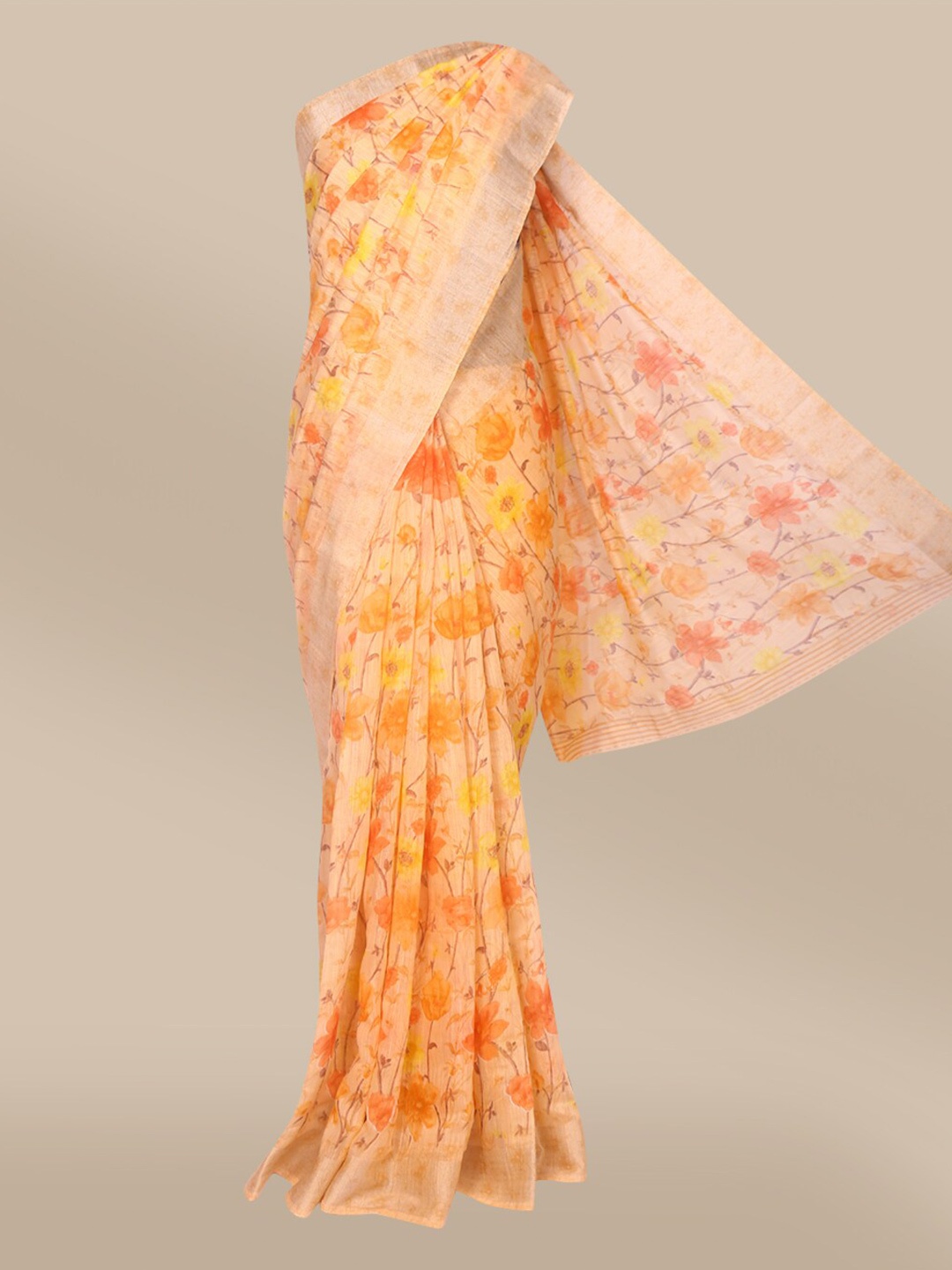 

The Chennai Silks Orange & Beige Floral Fusion Bhagalpuri Saree